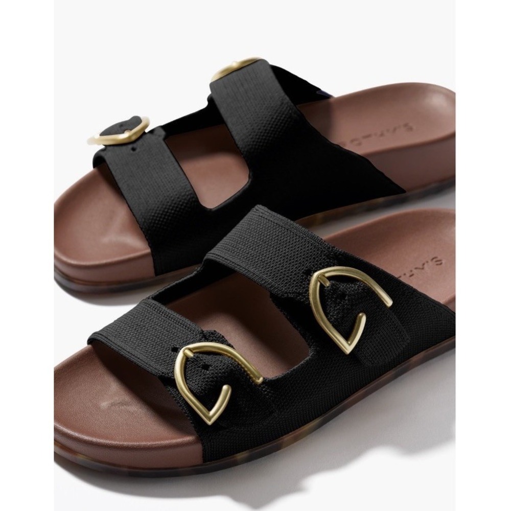 Rothy's Sandals 9.5 The Gold Logo Buckle Black Slide $119 Tortoise Bottoms New
